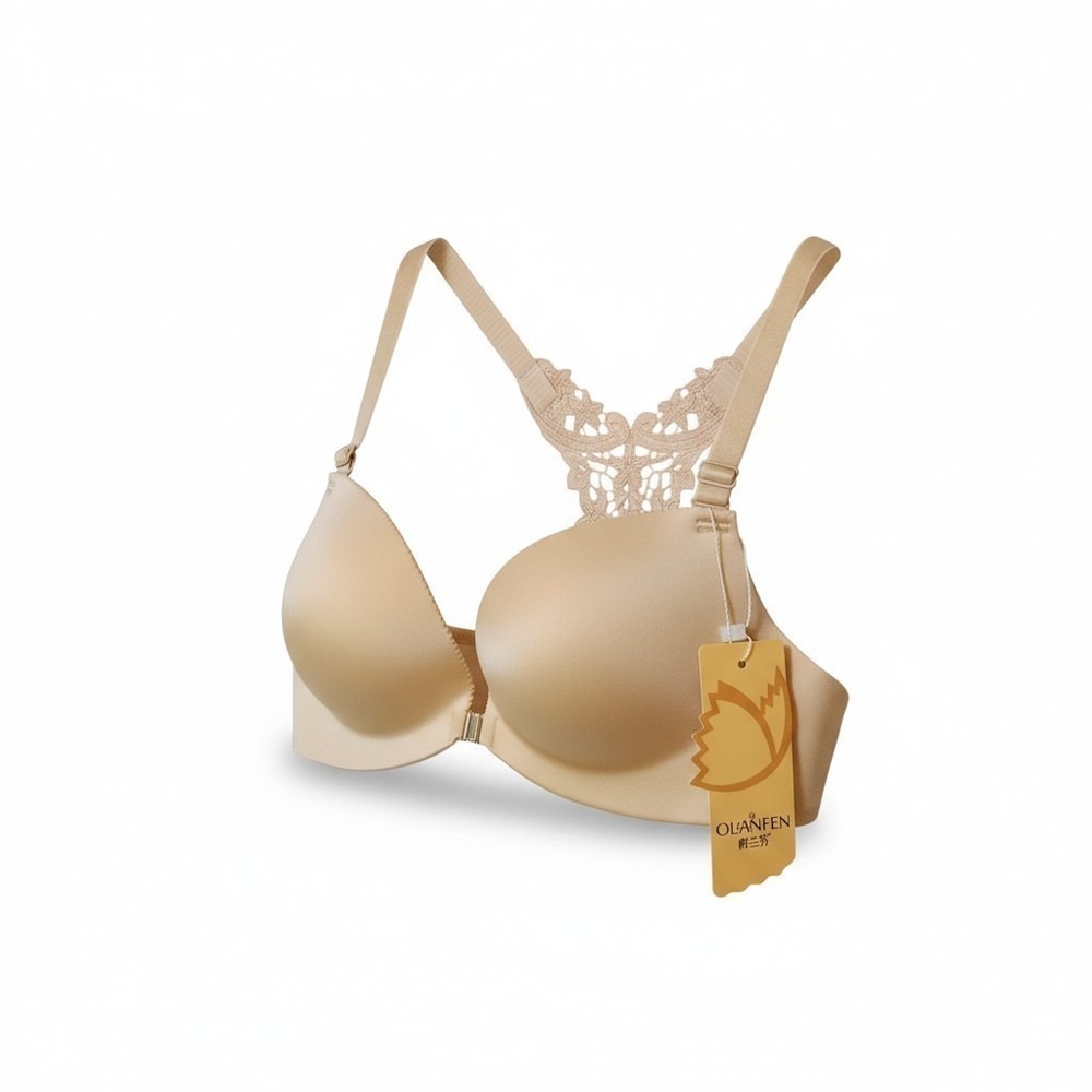 Olanfen NUDE 34B (B75) Padded Wireless Front Closure Lace Back Inset Womens Bra